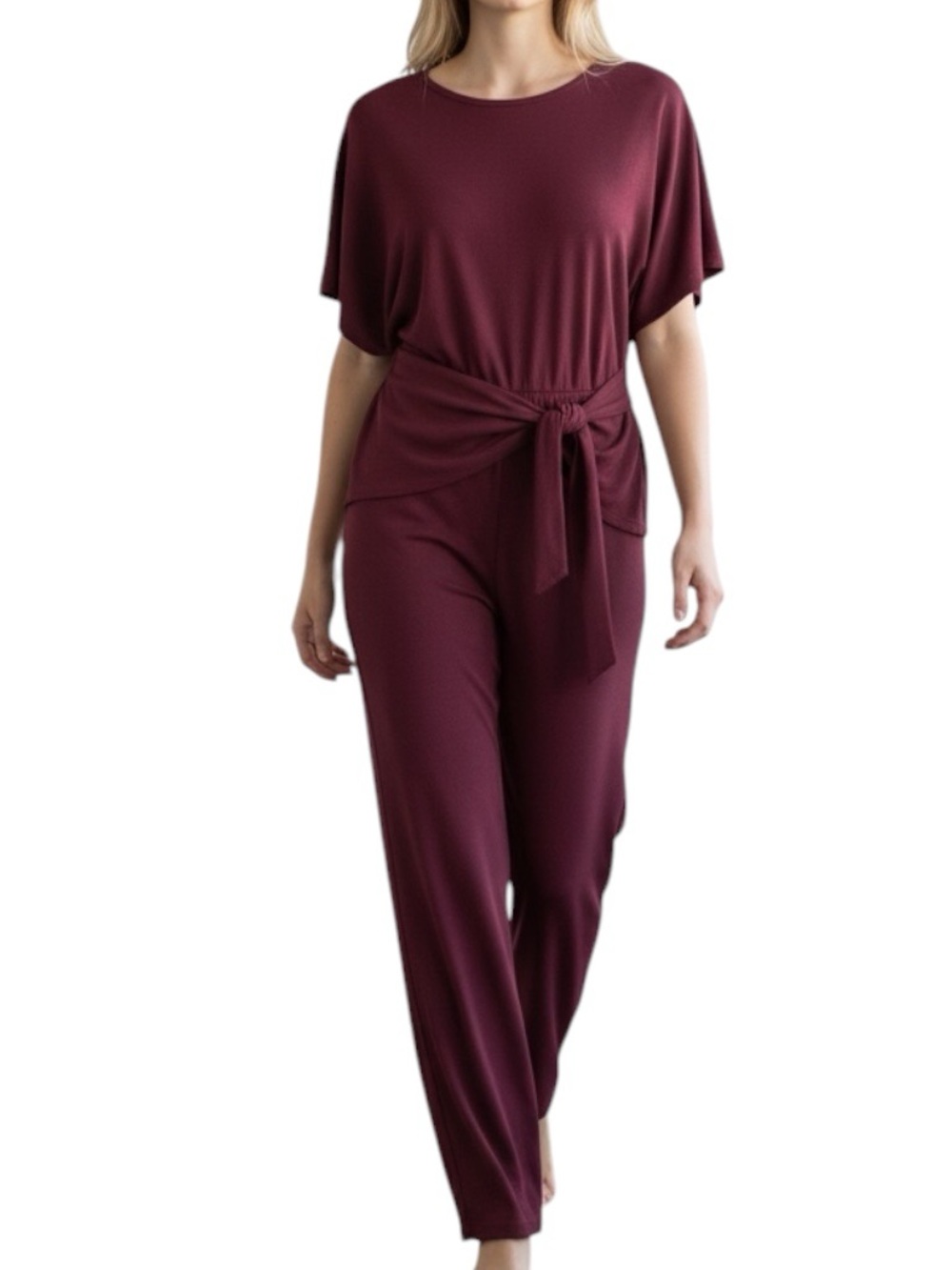 Lauren Ralph Lauren Burgundy Tie-Waist Straight Leg Feminine Elegant Jumpsuit